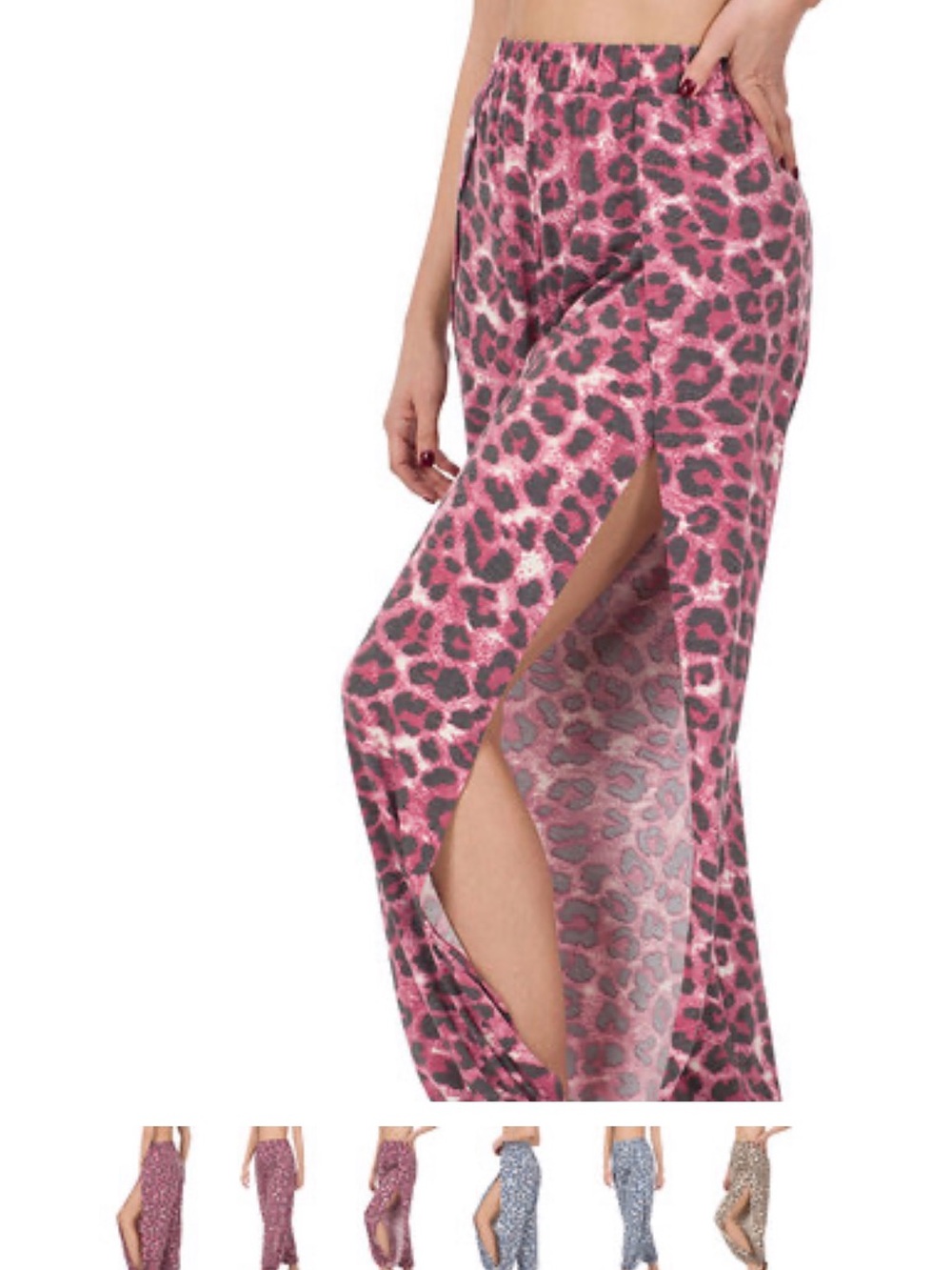 Zenana Outfitters Pink Leopard-Print side split pants - Picture 2 of 5